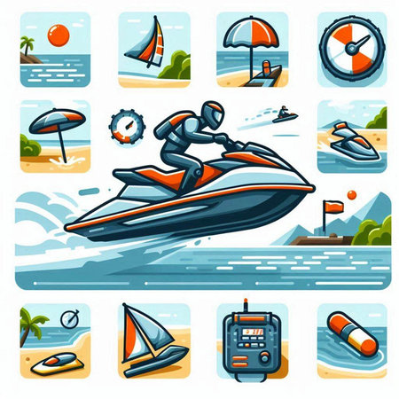 Water sport icons set with jet ski and other water sports equipment isolated vector illustrationのイラスト素材
