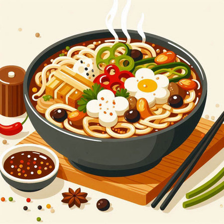 Illustration of a bowl of noodle soup with vegetables and spicesのイラスト素材