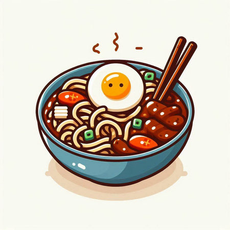 Bowl of noodle soup with fried egg and vegetables. Vector illustration.のイラスト素材