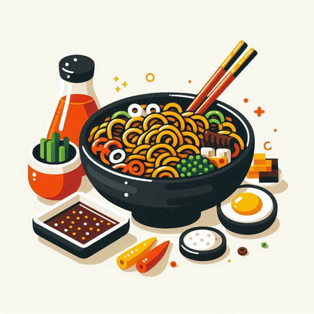Noodles in a bowl with chopsticks. Japanese food. Vector illustration.のイラスト素材