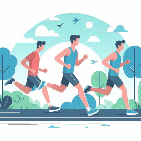 Running men in the park. Healthy lifestyle. Vector illustration in flat styleのイラスト素材