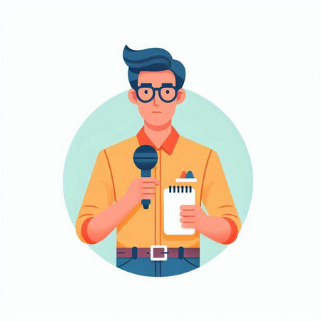 Journalist with microphone. Male character in flat style. Vector illustrationのイラスト素材