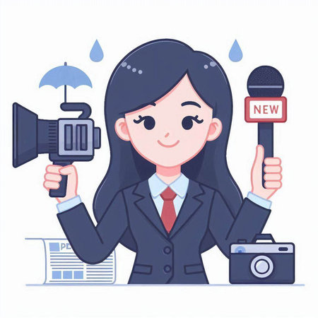 Female news reporter with camera and newspaper. Vector illustration in cartoon style.のイラスト素材