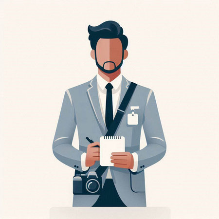 Male photographer with a camera and a notepad. Vector illustration.のイラスト素材