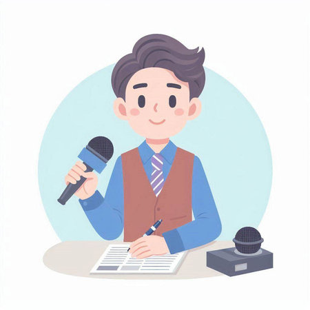 Man reporter with microphone. Vector illustration in flat cartoon style. Isolated on white background.のイラスト素材