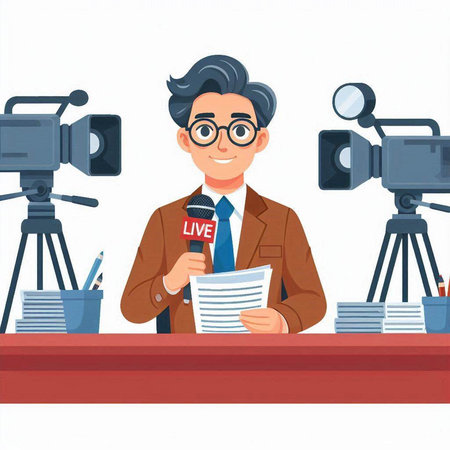 Journalist holding a microphone and making a report. Vector illustration.のイラスト素材