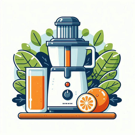 Vector illustration of a juicer with juice, orange and leaves.のイラスト素材