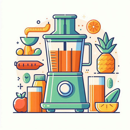 Juicer with fruits and vegetables. Vector illustration in flat style.のイラスト素材