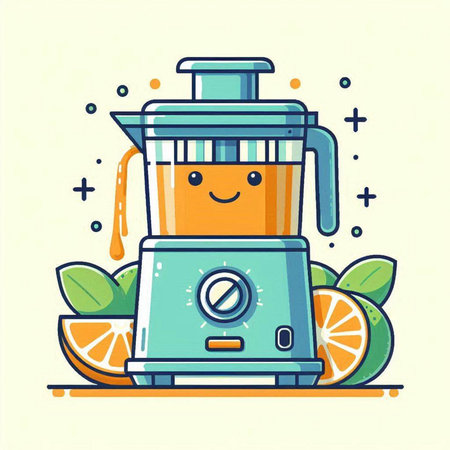 Vector illustration of a cute smiling juicer with oranges in the background.のイラスト素材