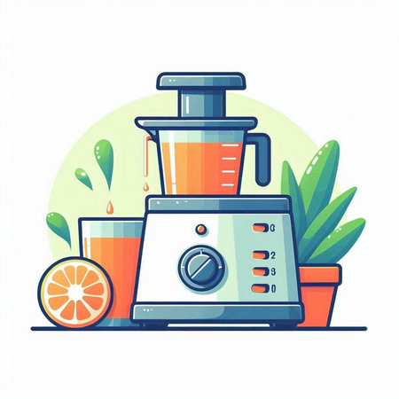 Juicer and orange juice. Vector illustration in flat cartoon style.のイラスト素材