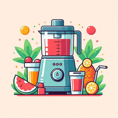Flat vector illustration of juicer with fruits and berries on the background.のイラスト素材