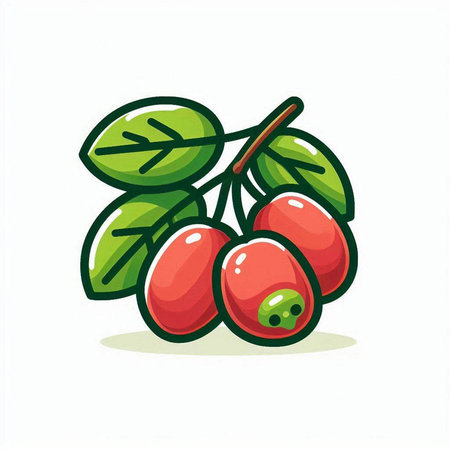 Vector illustration of red rosehip with green leaves isolated on white background.のイラスト素材