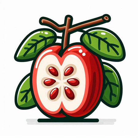 Red apple with green leaves on a white background. Vector illustration.のイラスト素材