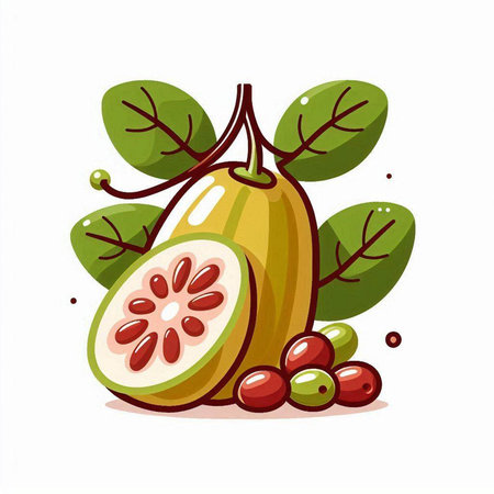 Illustration of guava with leaves and berries on a white backgroundのイラスト素材