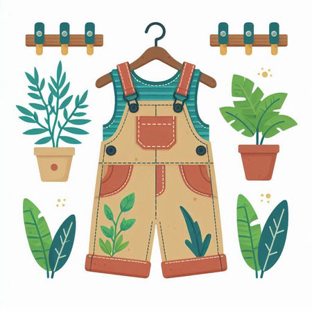 Dungarees and plants set. Vector illustration in flat styleのイラスト素材