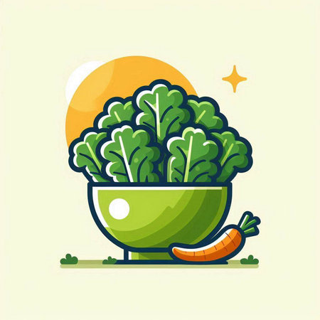 Vegetarian food vector illustration. Fresh vegetables in a green bowl.のイラスト素材