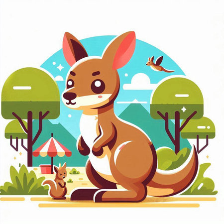 Kangaroo and squirrel on the background of the park. Vector illustrationのイラスト素材