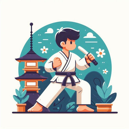 Taekwondo. Vector illustration in cartoon style. A man in a kimono with a sword in his hand.のイラスト素材