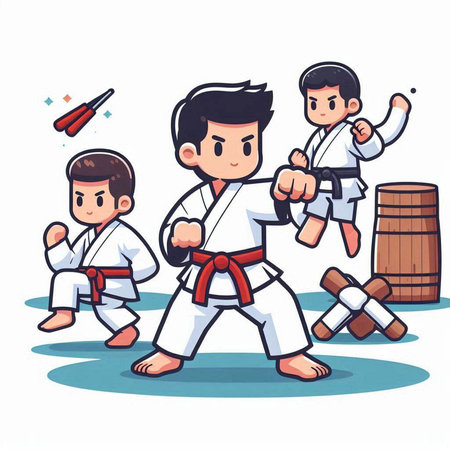 Taekwondo kids. Vector illustration in cartoon comic style.のイラスト素材