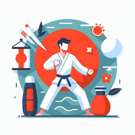 Taekwondo vector illustration. Man in kimono training in the gym.のイラスト素材