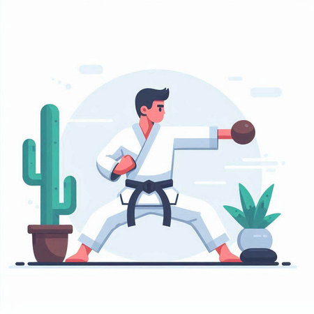 Karate man in kimono with a ball. Vector illustration in a flat styleのイラスト素材