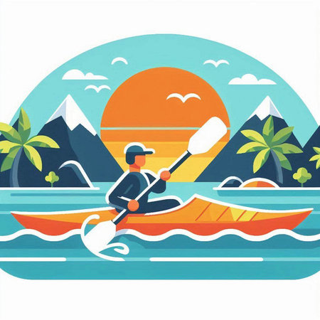 Kayaking on the sea. Vector illustration in flat cartoon style.のイラスト素材