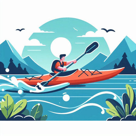 Man in kayak on the river. Flat style vector illustration.のイラスト素材