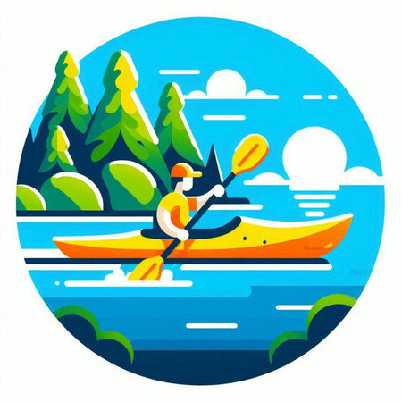 Kayaking on the lake. Vector illustration in a flat style.のイラスト素材