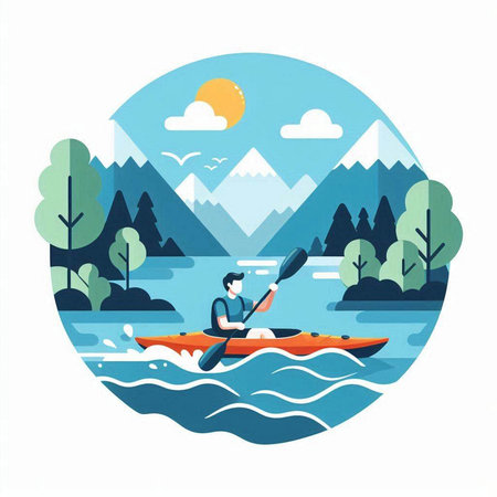 Kayaking in the mountains. Flat style vector illustration on white background.のイラスト素材