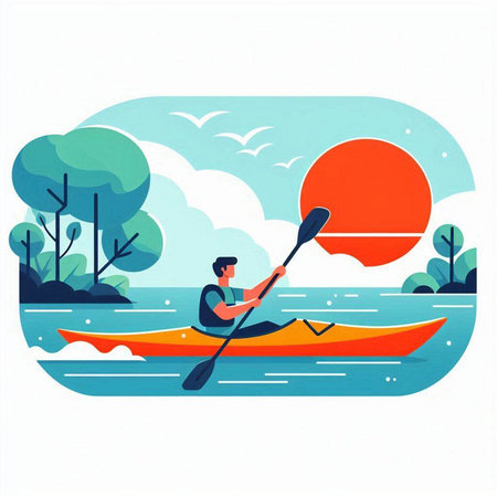 Man in kayak on the river. Flat style vector illustration.のイラスト素材