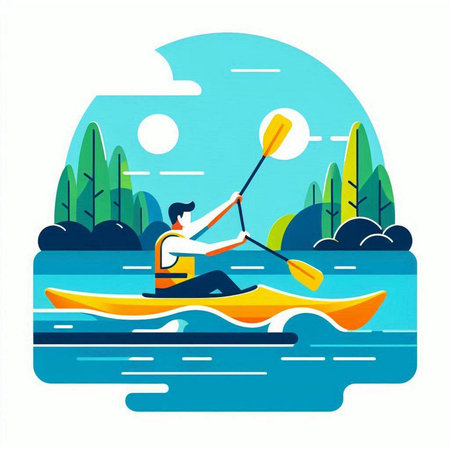 Man paddling a kayak in the lake. Active lifestyle. Vector illustrationのイラスト素材