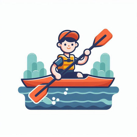 Cute boy in a kayak on the river. Vector illustrationのイラスト素材