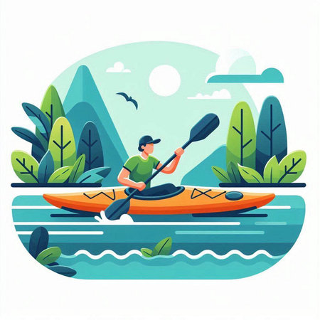 Man in a kayak on the river. Flat vector illustration.のイラスト素材