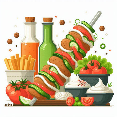 Vector illustration of fast food. Kebab with vegetables and sauce.のイラスト素材