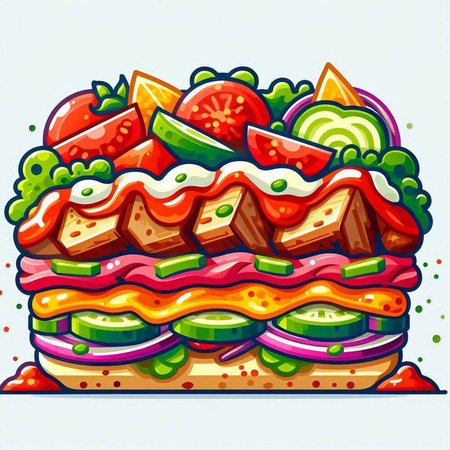 Illustration of a sandwich with tomato, lettuce, cheese, cucumber, onion and mayonnaiseのイラスト素材