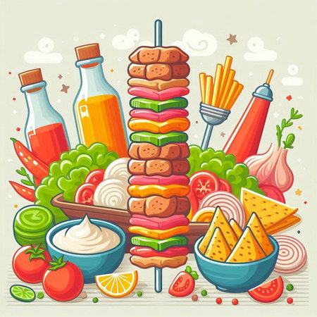Vector illustration of a hamburger with different sauces and vegetables on wooden backgroundのイラスト素材