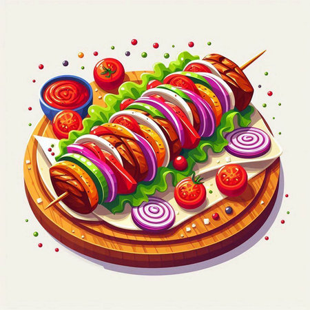 Shish kebab on a wooden board. Vector illustration.のイラスト素材