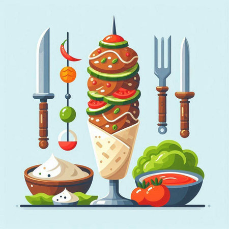 Vector illustration of kebab on skewers with vegetables and sauce.のイラスト素材