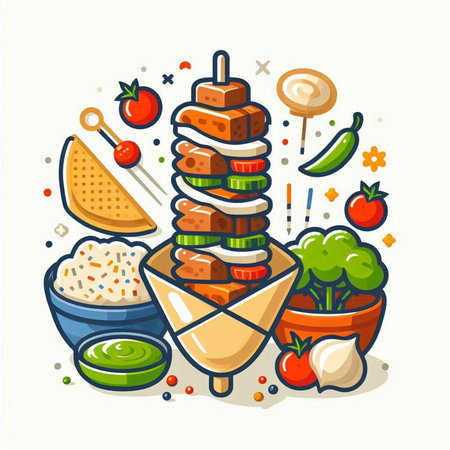 Vector illustration of kebab, kebab with vegetables.のイラスト素材