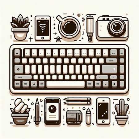 Flat line art vector illustration of computer keyboard, mouse, tablet, pen, smartphone, camera, coffee cup, cactus and succulent plant pots.のイラスト素材