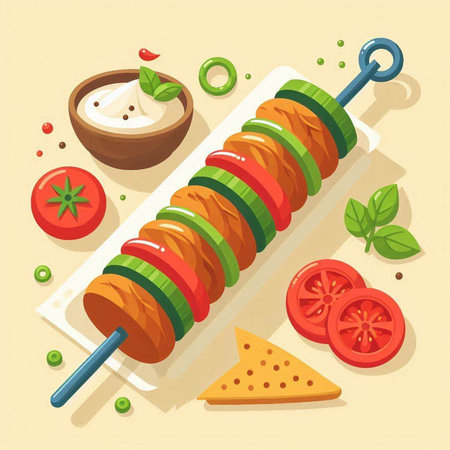 Shish kebab on skewers with vegetables. Vector illustrationのイラスト素材