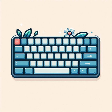 Computer keyboard with flower and leaves. Vector illustration in cartoon style.のイラスト素材