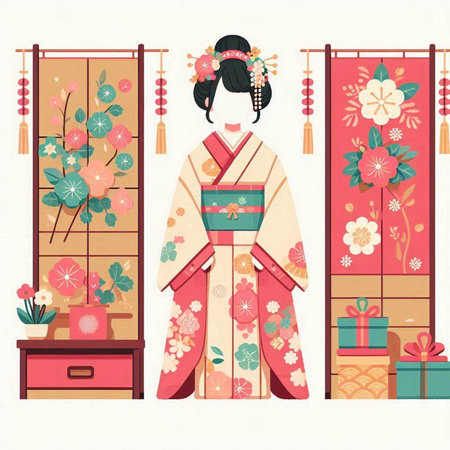 Japanese girl in kimono with gift boxes. Vector illustration.のイラスト素材