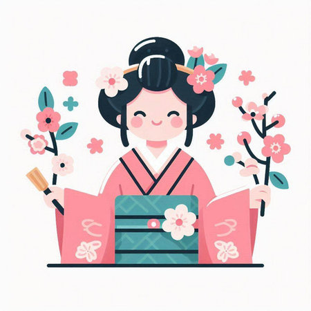 Japanese girl in kimono and cherry blossom. Vector illustration.のイラスト素材