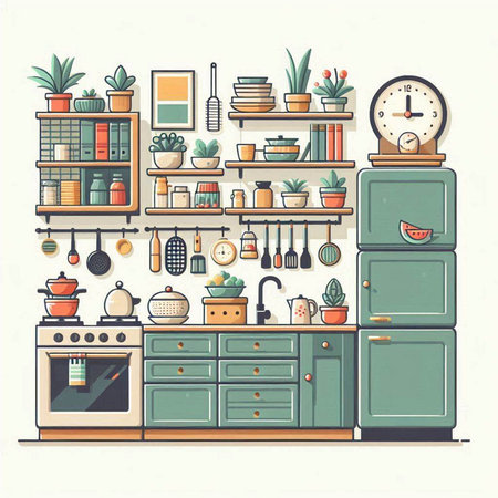 Kitchen interior with furniture and kitchenware. Vector illustration in flat styleのイラスト素材