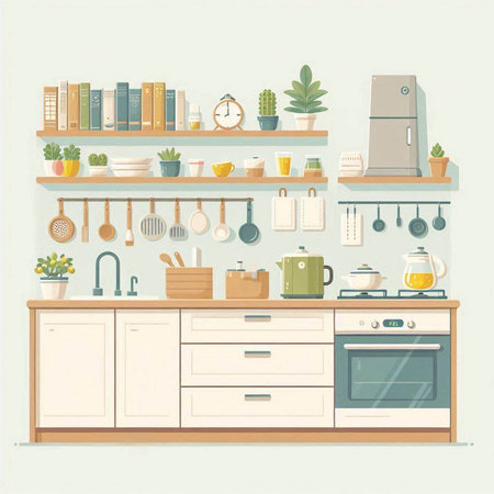 Kitchen interior design with furniture and kitchenware. Vector illustration.のイラスト素材