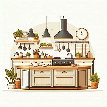 Kitchen interior with furniture. Vector illustration in flat design style.のイラスト素材