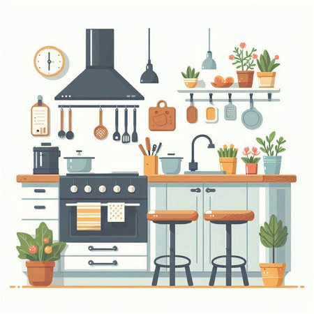 Kitchen interior. Vector illustration in flat style. Kitchen furniture.のイラスト素材
