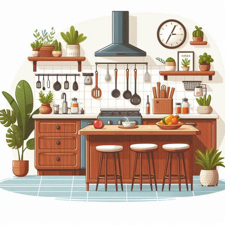 Kitchen interior with furniture and equipment. Vector illustration in cartoon styleのイラスト素材