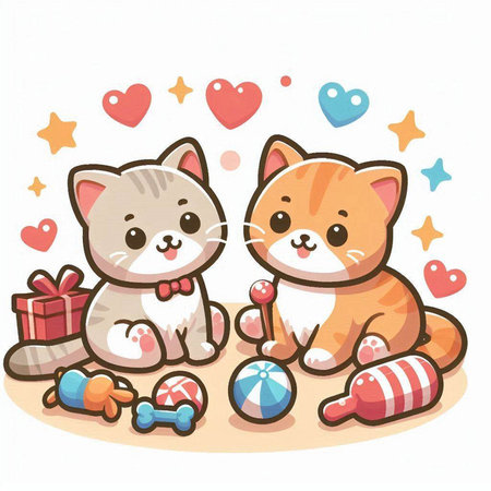 Cute cat and kitten playing with toys. Vector cartoon illustration.のイラスト素材